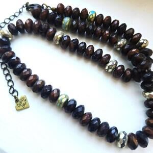Cookie Lee Brown Blue Gold Tone Single Strand Beaded Necklace